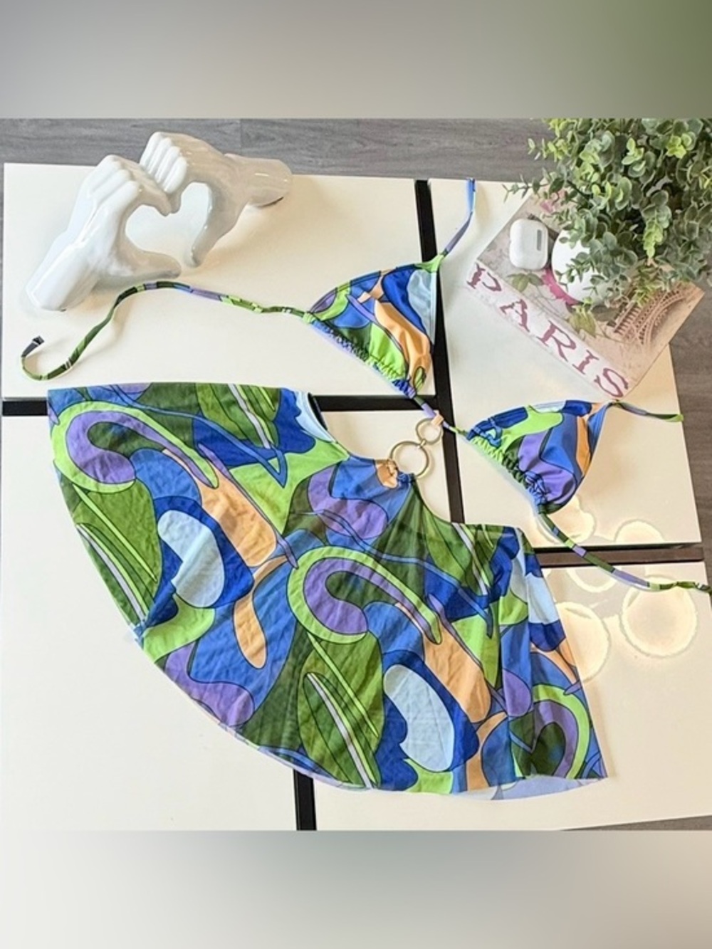 Y2K Psychedelic Print Cut-Out Dress - Connected Halter Top & Mini Skirt (Size M)